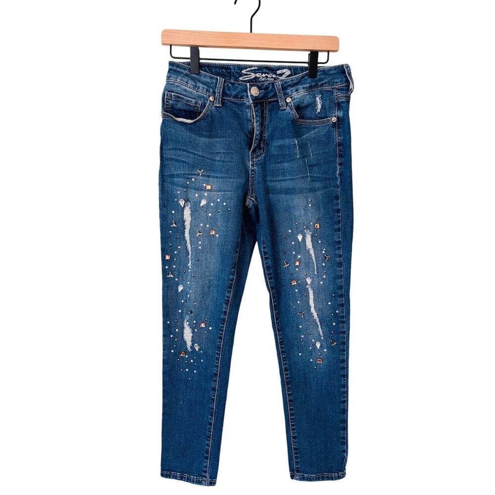 Seven7 Ankle Skinny Jeans, Size 6, Jeweled Distressed